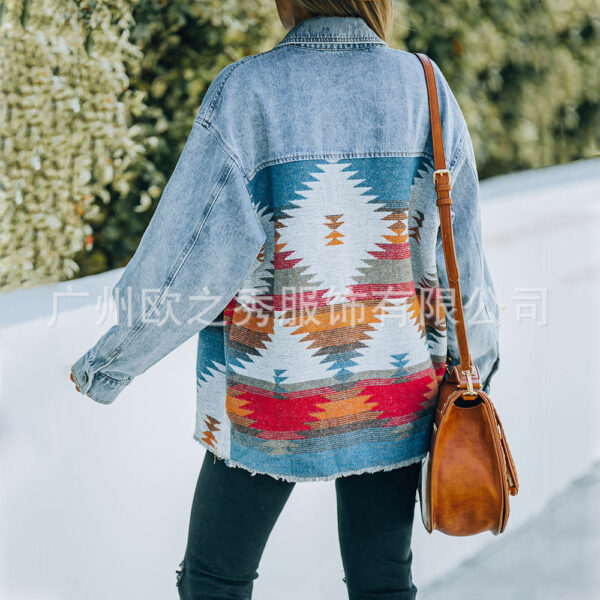 Wholesale Denim Stitching Raw Edge Mid Length Jacket Women Clothes