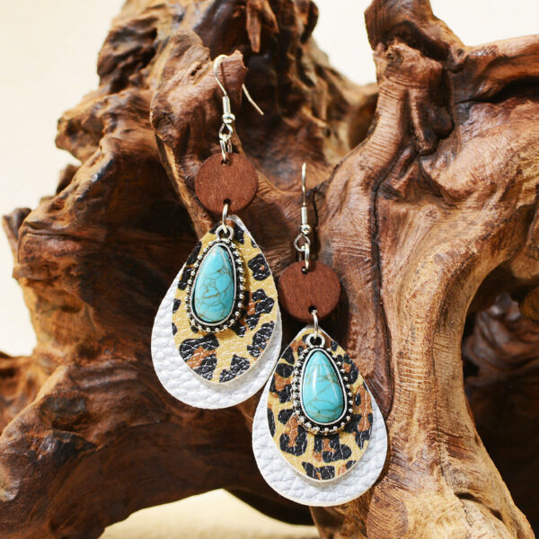 Wholesale of Western Style Multi-layer Leopard Patterned Alloy Turquoise Leather Earrings