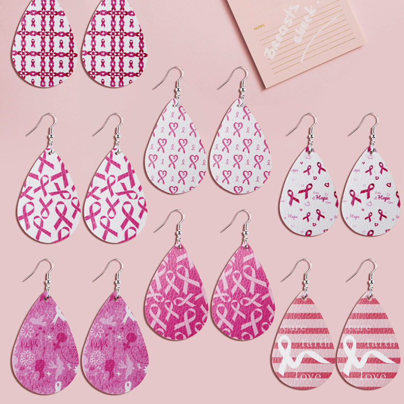 Wholesale Cross Border 16 Pair Pink Ribbon Faux Leather op Earrings Women Breast Pendant Earrings Amazon