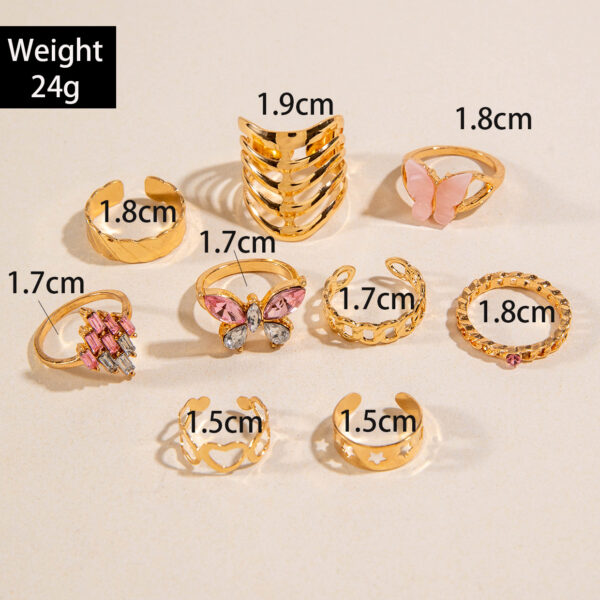 Wholesale Alloy Pink Butterfly Diamond Heart Hollow Nine Pieces Ring Set
