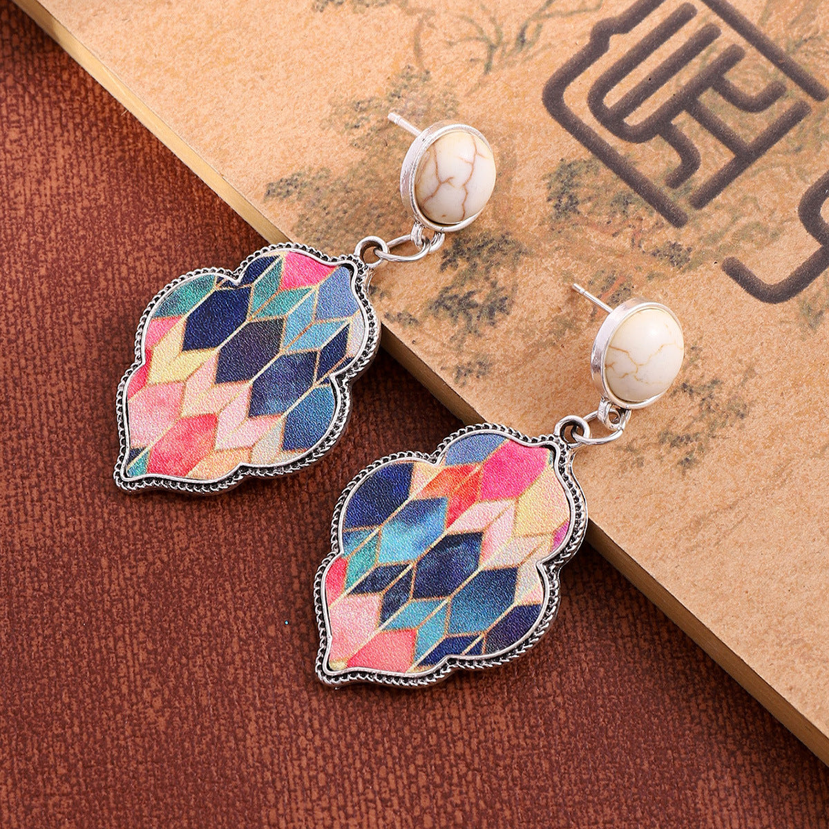 Wholesale Leather Alloy Turquoise Color Quailateral Earrings