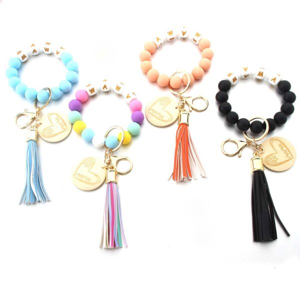 Wholesale Cartoon Love Wooden Sign Creative MAMA Letter Silicone Bead Wrist Keychain