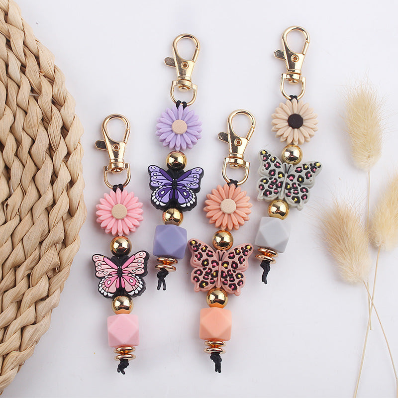 Wholesale Cartoon Colorful Butterfly Silicone Beaded Lanyard Keychain