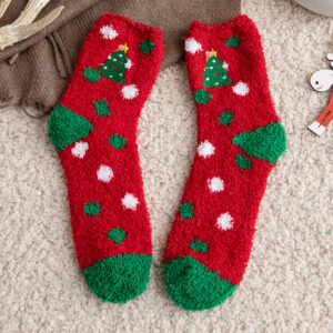 Embroidered Christmas Tree 1 pair / 35-40 (coral velvet floor socks)