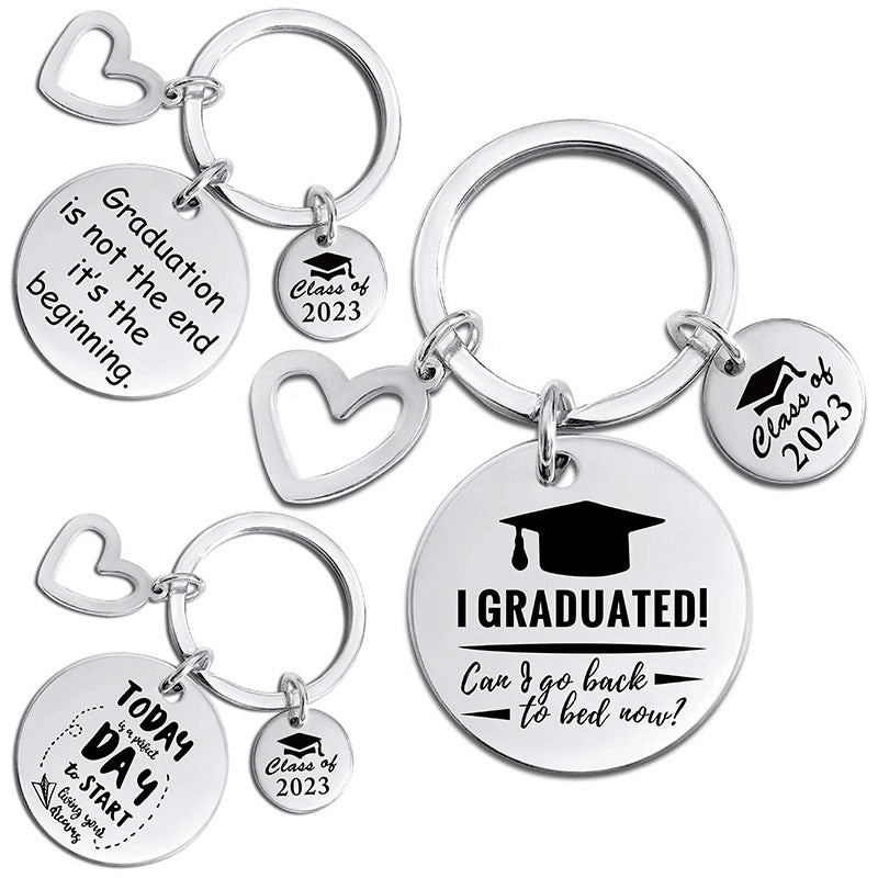 Wholesale Graduation Season Gift Lettering Stainless Steel Round Card Heart Keychain