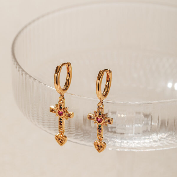 Wholesale Cross Real Gold Plating Inlaid Colored Zircon Love Earrings