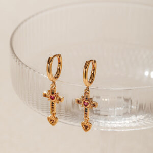 Wholesale Cross Real Gold Plating Inlaid Colored Zircon Love Earrings