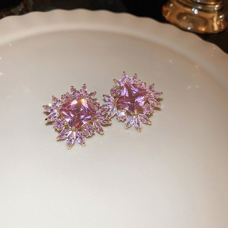 Wholesale Geometric Square Full Diamond Flower Earrings