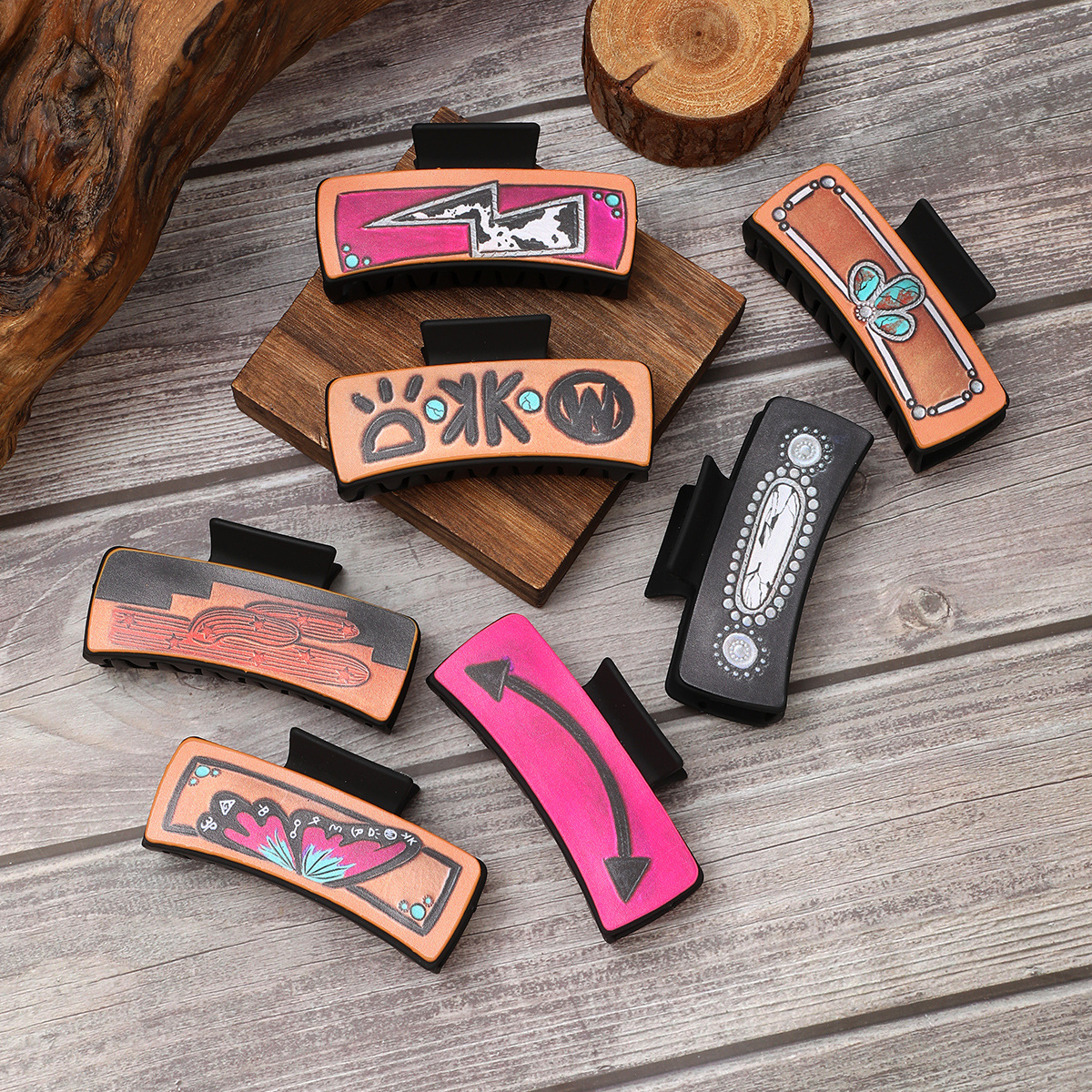 Wholesale Western Style Leather Hairpin Cactus Butterfly Shark Clip Women Grab Clip