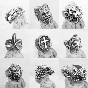 O1CN01XF1hy91QkSOGOwQsJ__2204164242014-0-cib Wholesale Retro Punk Wolf Head Men's Ring Set