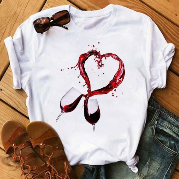 Whoelsale Valentine's Day Polyester High Heels, Wine Glass Printed Women's Short Sleeved T-shirt