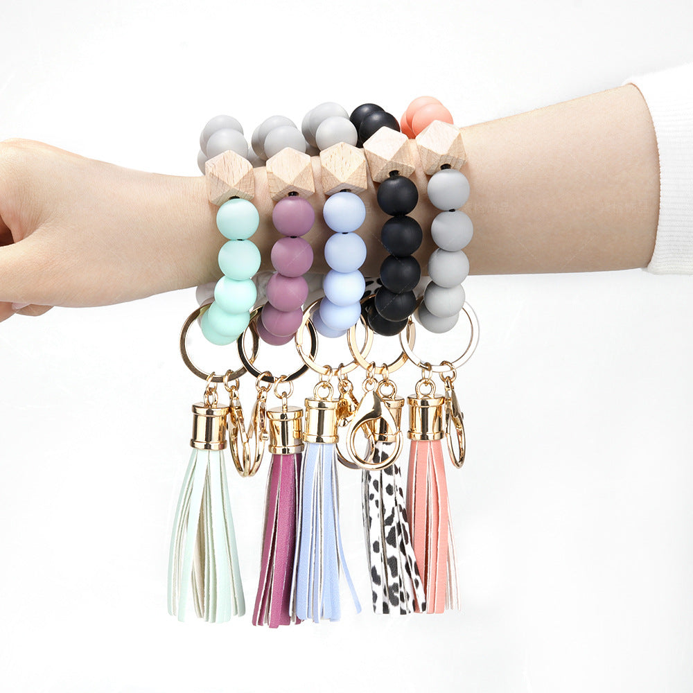 Wholesale Silicone Beaded PU Leather Tassel Wristlet Keychain