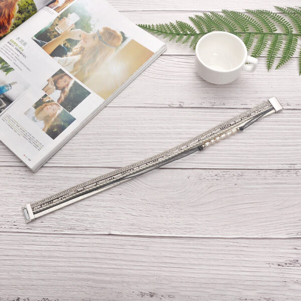 Wholesale Freshwater Pearl Cowhide Rope Bracelet with Diamond Multi-layer Magnet Buckle