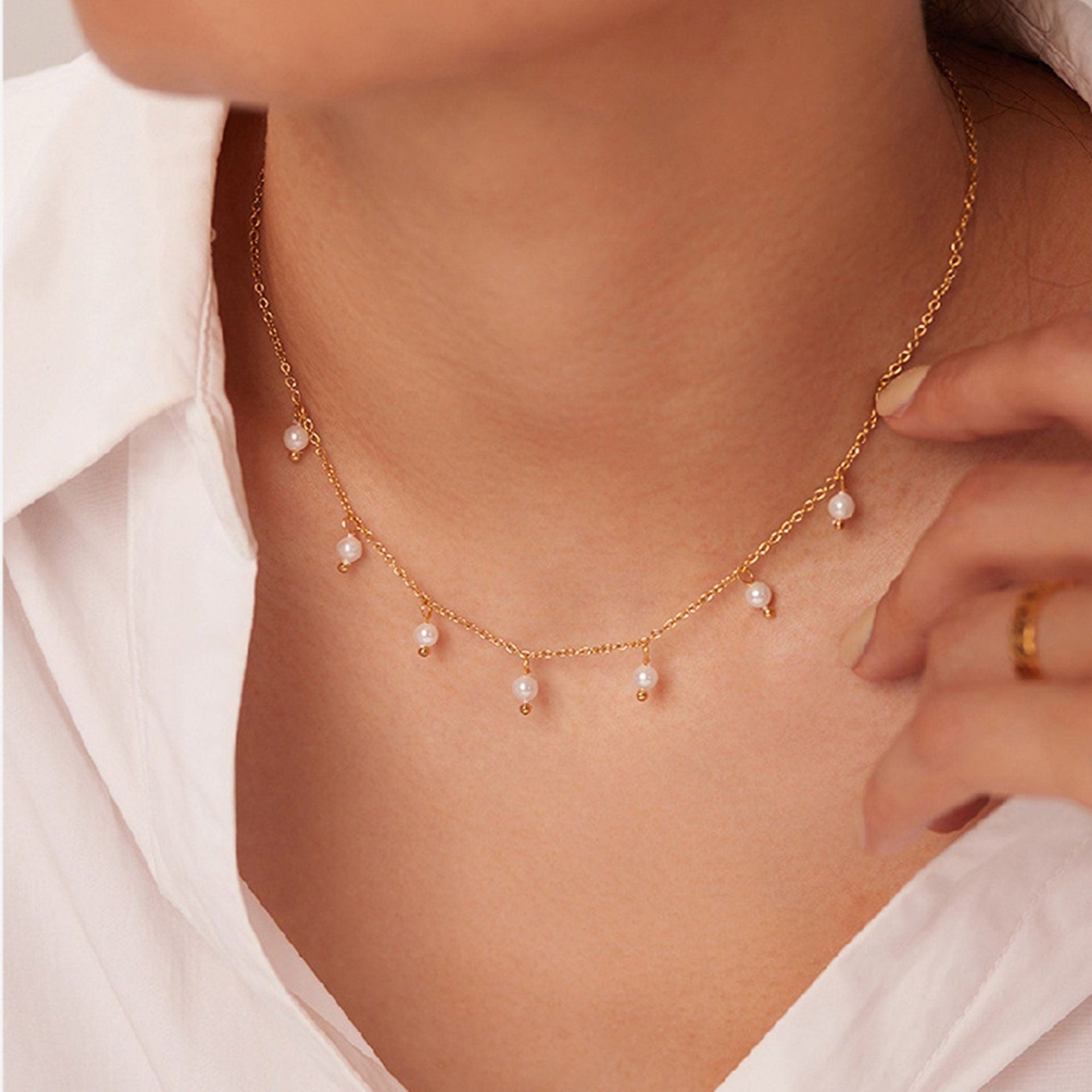 Wholesale Freshwater Pearl Titanium Steel Plated 18K Gold Millet Bead Necklace