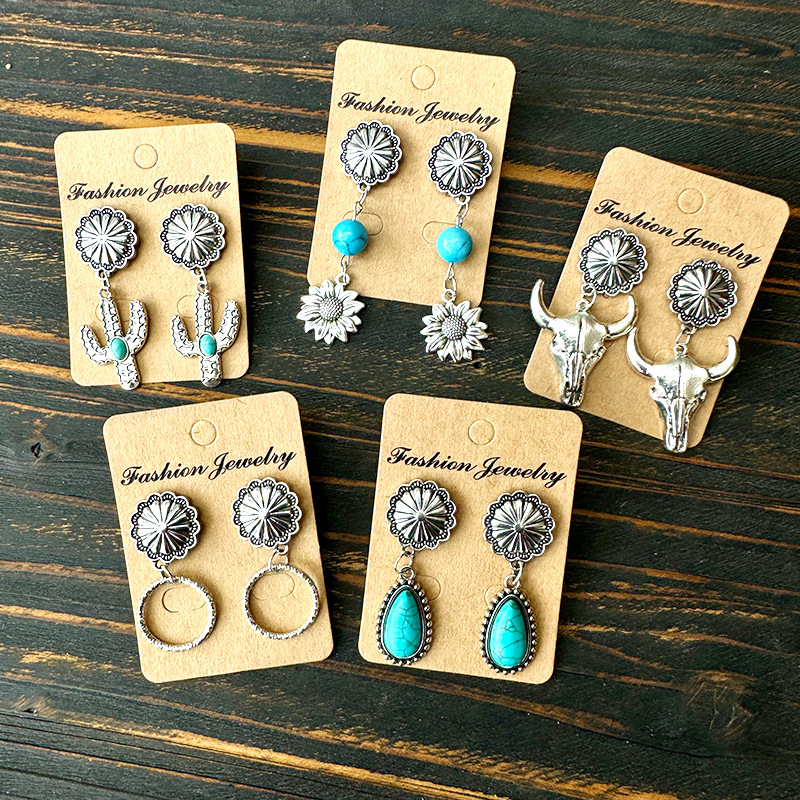 Wholesale Western Bull Head Suower Inlaid Turquoise Splicing Cowboy Earrings