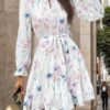 Wholesale Polyester Half Turtle Neck Tie Waist Floral Print Long Sleeve Dress