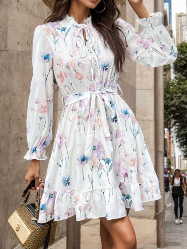 Wholesale Polyester Half Turtle Neck Tie Waist Floral Print Long Sleeve Dress
