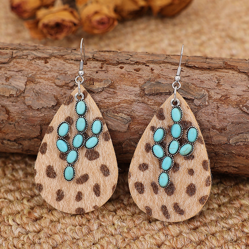 Wholesale Exaerated Cactus Turquoise Western Cowboy Horse Hair Leopard Earrings
