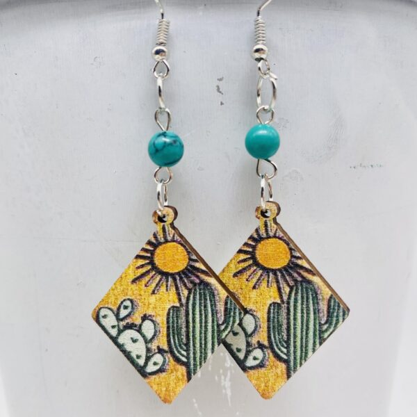 Wholesale Western Style Turquoise Cactus Sunset Wooden Earrings