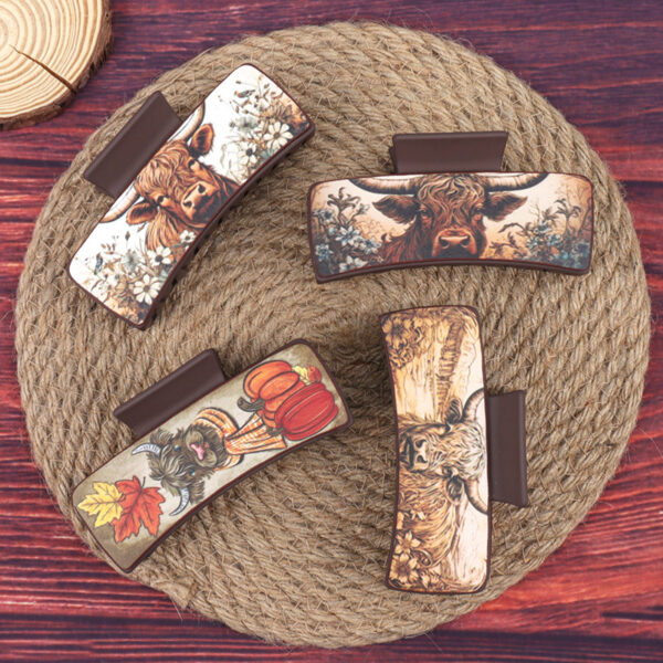 Wholesale Western Cowboy Style Cow Head Flower Pattern PU Leather Hair Clip