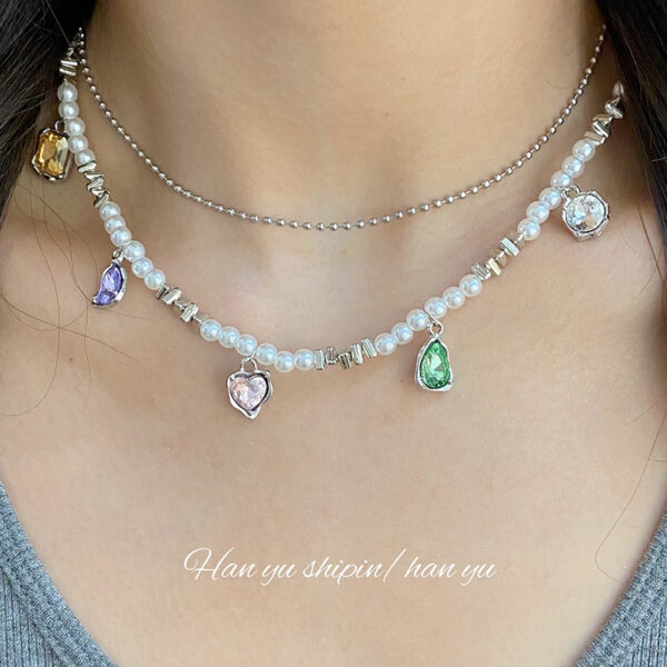 Wholesale Double Layer Pearl Heart Color Crystal Necklaces