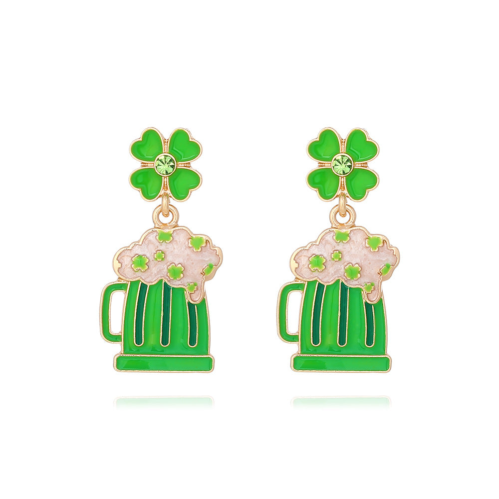 Wholesale St. Patrick's Four-leaf Clover Alloy Oil-ip Diamond Beer Mug Earrings