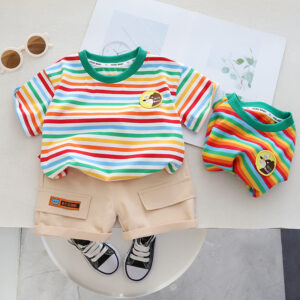 Wholesale Boys' Summer Striped Short Sleeved Work Shorts Cotton Two-piece Set