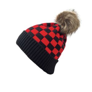 Wholesale Black and Red Plaid Fur Ball Wool Hat To Prevent Cold and Warm Knitted Hat