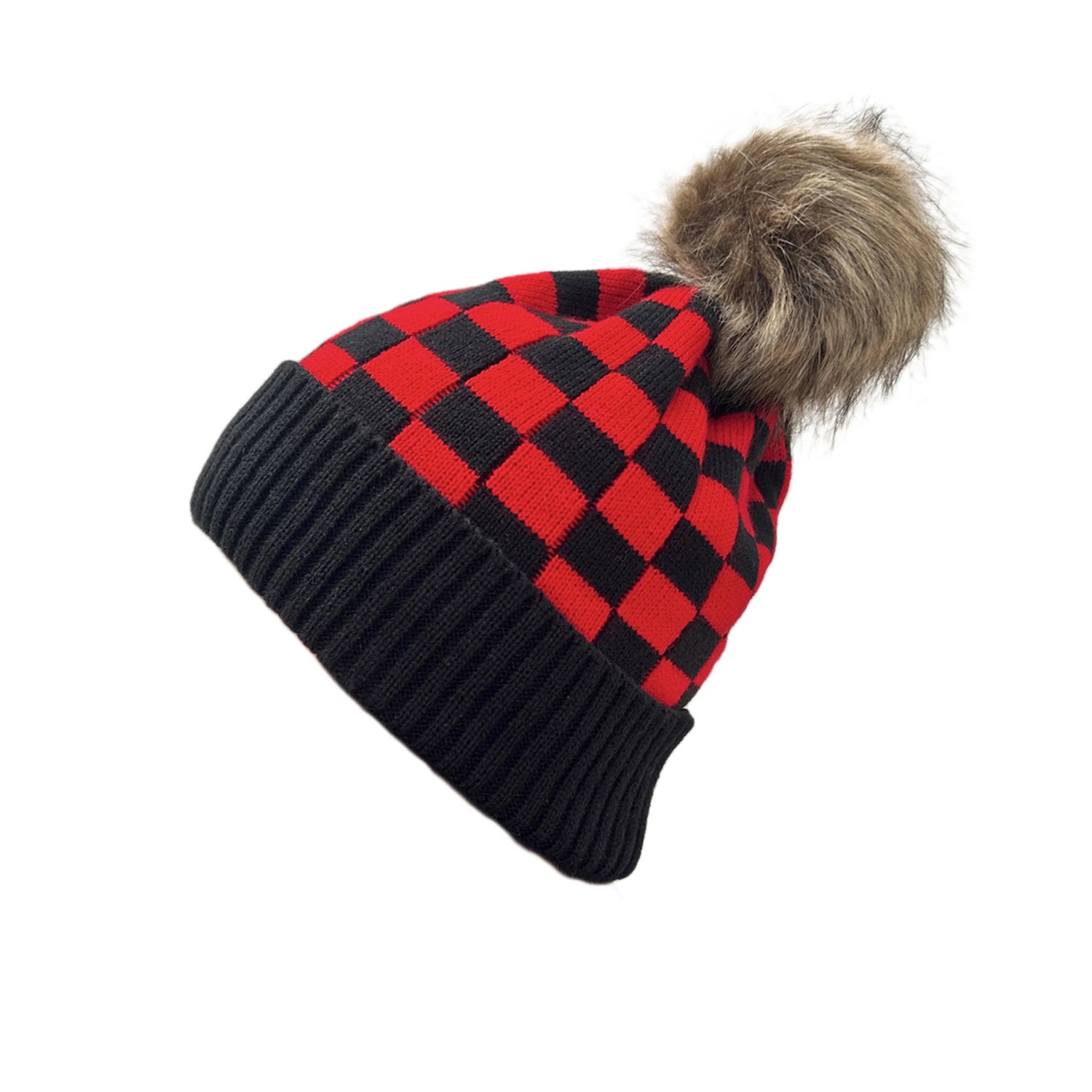 Wholesale Black and Red Plaid Fur Ball Wool Hat To Prnt Cold and Warm Knitted Hat