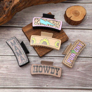 O1CN01YPcgGa1ftMVrySZqF__3172764064-0-cib Wholesale Western Style MAMA Cactus HOWDY Leather Hair Clip Shark Clip Combination