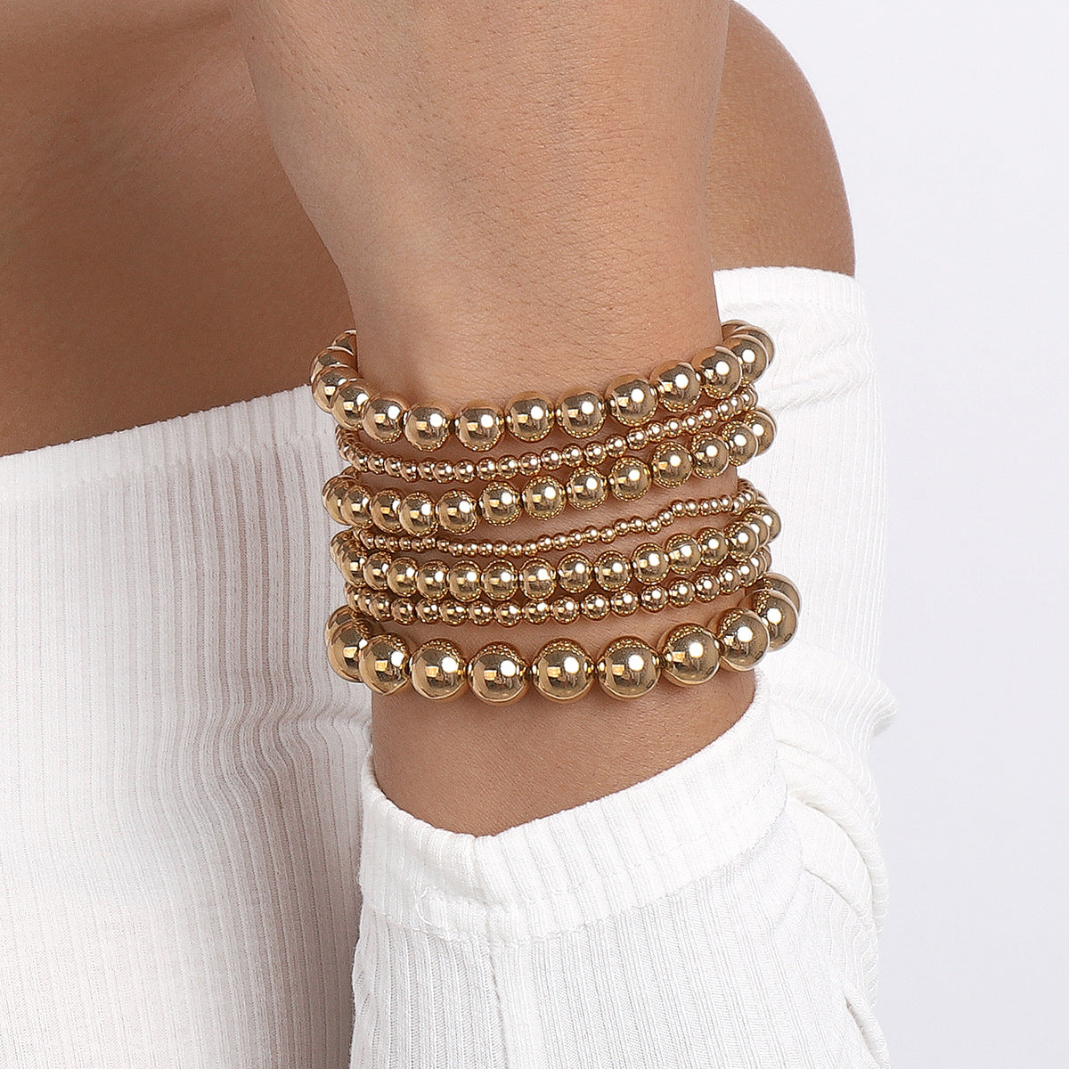 Wholesale Stretch Handmade Beaded B Large Small Gold Beads Stack Wearing Bracelet