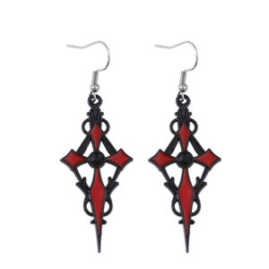 Black background red cross black gem earrings a pair