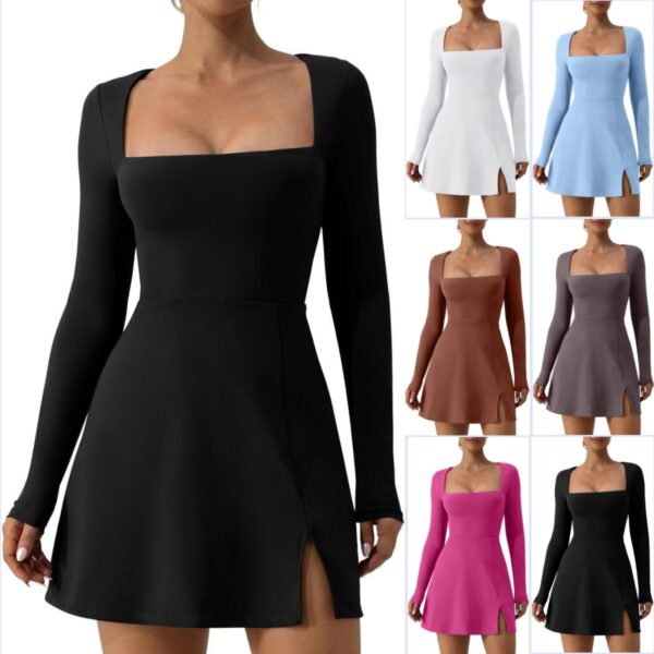 Wholesale Spandex Women's Square Neck Tight Fitting Corset, Long Sleeved Slit Flared Mini Dress