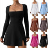 Wholesale Spandex Women's Square Neck Tight Fitting Corset, Long Sleeved Slit Flared Mini Dress
