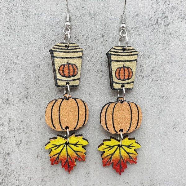 Wholesale Thanksgiving Pumpkin Maple Leaf Coffee Cup Wooden Earrings Halloween Earrings