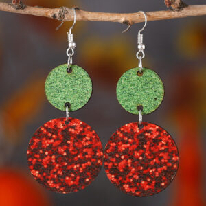 Wholesale Christmas Round Double Sided Wooden Sequin Glitter Red and Green Earrings