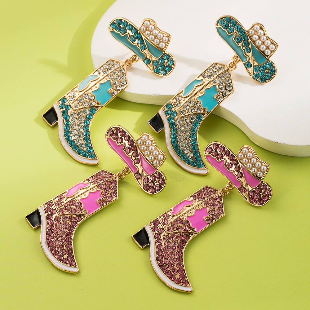 Wholesale European and American Fashion Western Style Oil op Diamond Denim Boots Earrings Exaerated Temperament Colored Diamond Cowboy Hat Distinctive