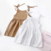 Wholesale Solid Color Cotton and Linen 2 Side Pockets Suspenders Lace-up Children's Suspender Dress