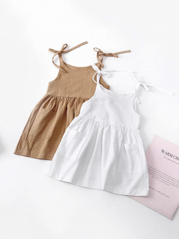 Wholesale Solid Color Cotton and Linen 2 Side Pockets Suspenders Lace-up Children's Suspender Dress
