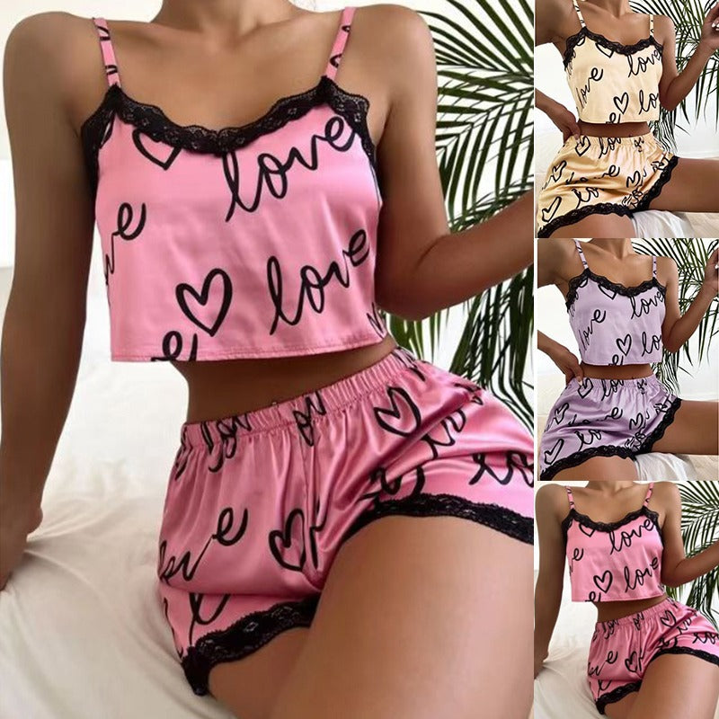 Wholesale Whole Lace Patchwork Suspender Pajama Set