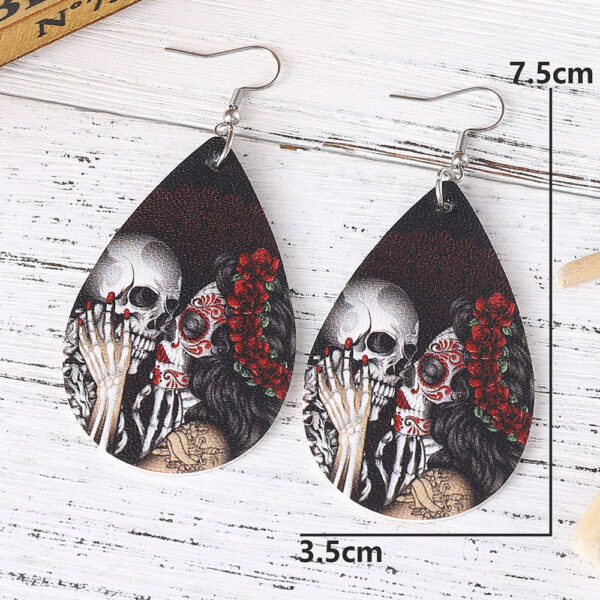 Wholesale dark rose flower skull earrings double-sided PU leather drop earrings