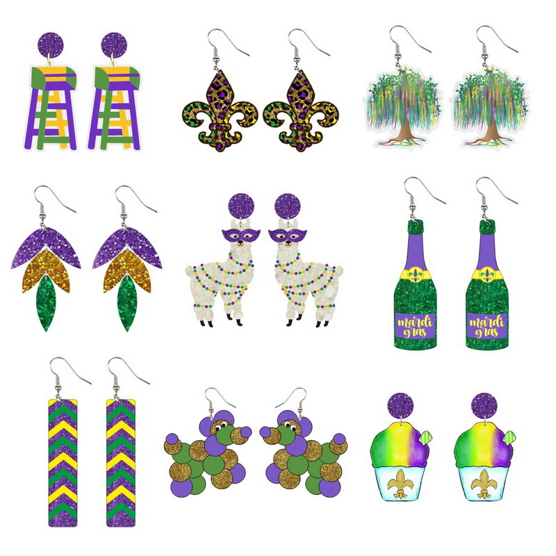 Wholesale Mardi Gras carnival carnival three-color alpaca champagne bottle ice cream tree dog stud earrings