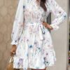 Wholesale Polyester Half Turtle Neck Tie Waist Floral Print Long Sleeve Dress
