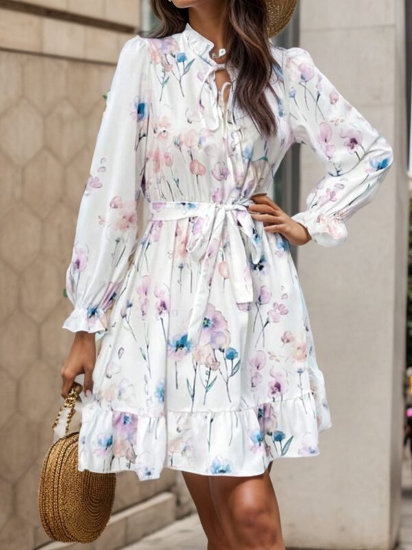 Wholesale Polyester Half Turtle Neck Tie Waist Floral Print Long Sleeve Dress