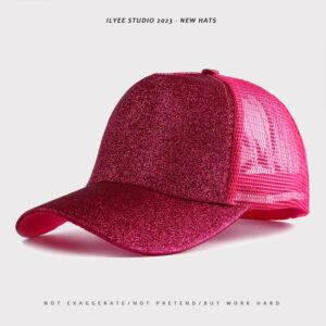 Solid color sequins rear opening ponytail net cap rose red / Adjustable