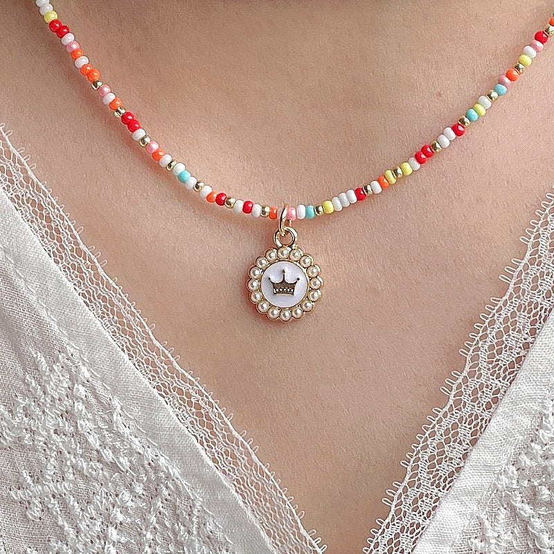 Wholesale Glass Colorful Hand Beaded Crown Pendant Pearl Necklace