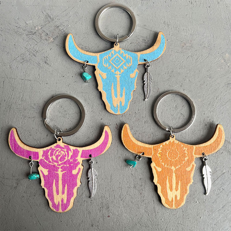 Wholesale Western Cowboy Bullhead Turquoise Feather Vintage wooden keychain