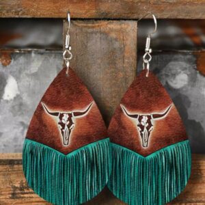 Wholesale Western Style Retro Water Drop Shaped Tassel Cow Head Earrings