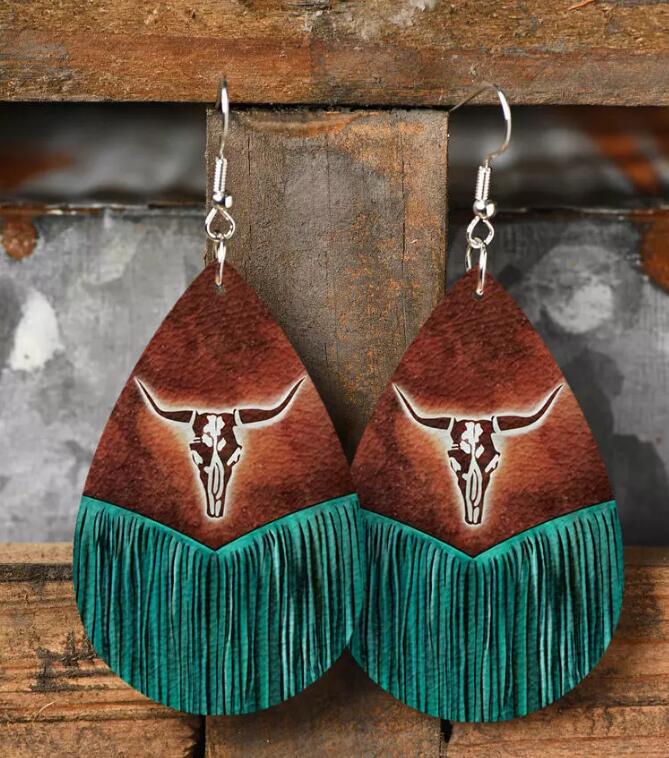 Wholesale Western Style Retro Water op Shaped Tassel Cow Head Earrings