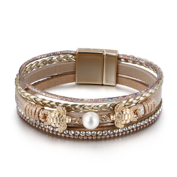 Wholesale Ethnic Style Pearl Turtle Magnetic Buckle Multi-layer PU Leather Woven Bracelet